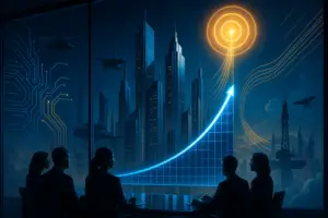 Capital de Risco - Reunião executiva com gráfico de crescimento, cidade futurista e ícones de tecnologia ao fundo