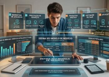 Infográfico mostrando um empreendedor analisando gráficos de palavras-chave e diferentes modelos de negócio online, como marketing de afiliados, produtos digitais e prestação de serviços, para definir a monetização.