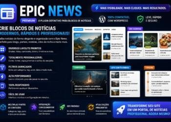Interface do plugin Epic News exibindo blocos de notícias em um blog WordPress