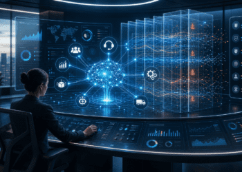 Painel futurista de IA com gráficos, alertas e ícones de automação em uma sala de controle